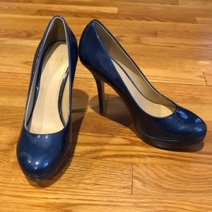 Joan & David Navy Patent Platform Stiletto Pumps